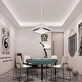 Hotel Mahjong Room Interior With Green Table Chairs Pendant Light And Wall Decor