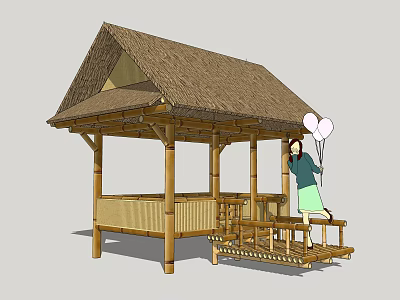 Charming Bamboo Pavilion Structure With Thatched Roof And Person Holding Balloons 3d model