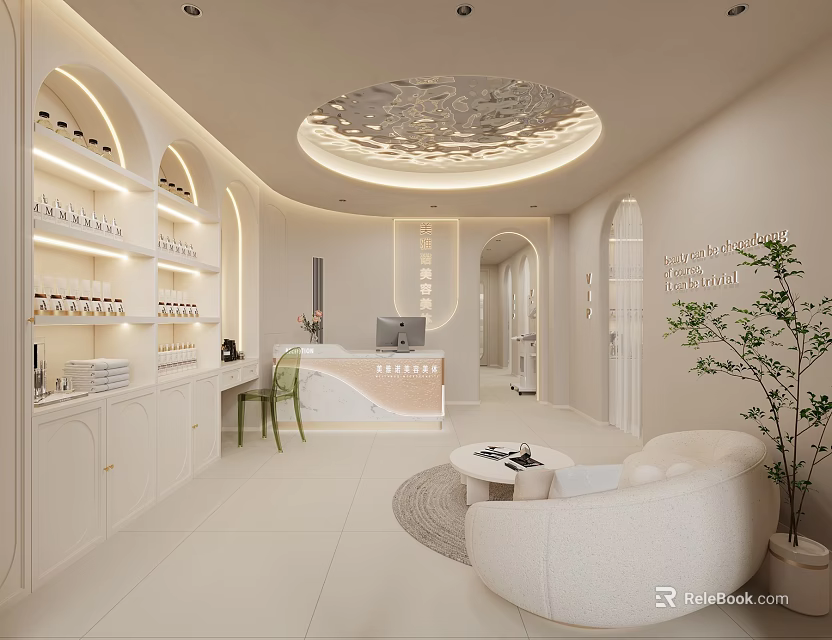 Beauty Hair Salon Interior With White Decor Arched Doorways Reception Sofa And Product Shelves 3d model 