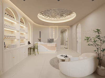Beauty Hair Salon Interior With White Decor Arched Doorways Reception Sofa And Product Shelves 3d model