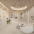 Beauty Hair Salon Interior With White Decor Arched Doorways Reception Sofa And Product Shelves