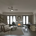 Stylish Living Dining Room Interior With Sofa Chair Coffee Table Fireplace And Ceiling Fan