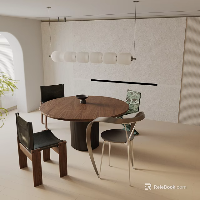 Modern Minimalist Round Dining Table Set With Wooden Top Matching Chairs And Hanging Pendant Light 3d model 