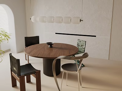 Modern Minimalist Round Dining Table Set With Wooden Top Matching Chairs And Hanging Pendant Light 3d model