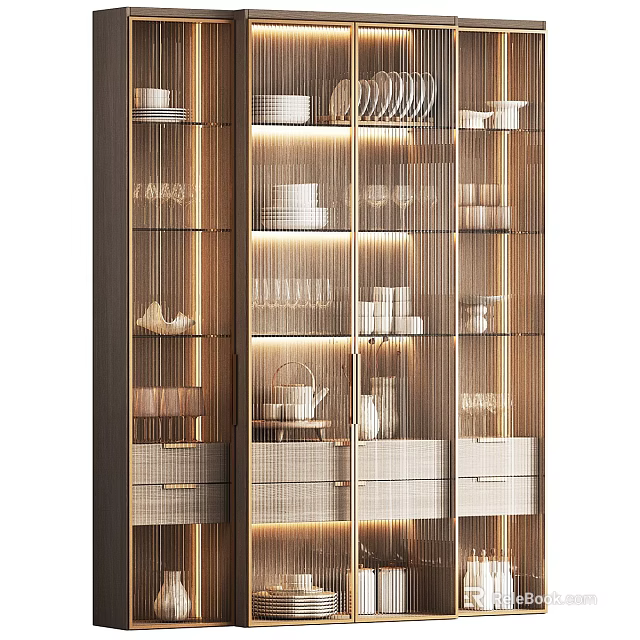 Elegant Modern Display Cabinet With Glass Doors Built-in Lighting And Decorative Dishes 3d model 