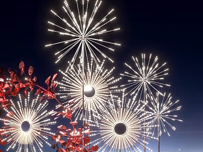 Firework Shaped Lighting Art Installation against Night Sky with Red Foliage 3d model