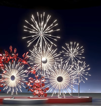Firework Shaped Lighting Art Installation against Night Sky with Red Foliage 3d model