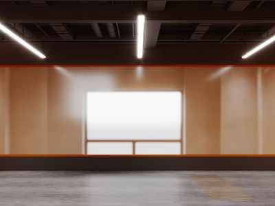 Empty Indoor Space With Brown Walls White Large Screen And Ceiling Linear Lights 3d model