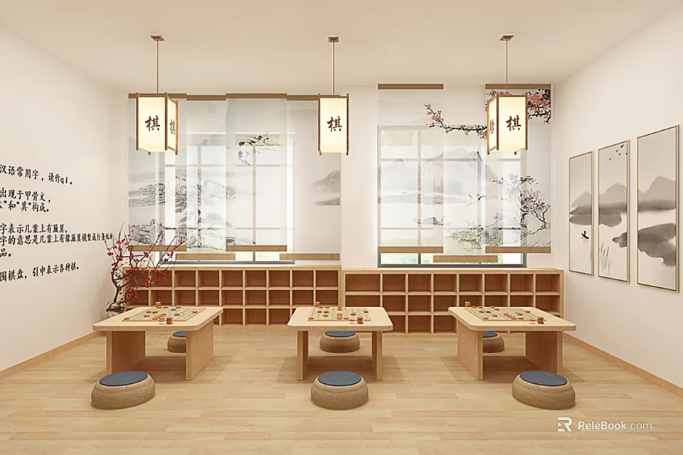 Traditional Hotel Mahjong Room Interior With Chinese Lanterns Wooden Tables And Ink Paintings 3d model 