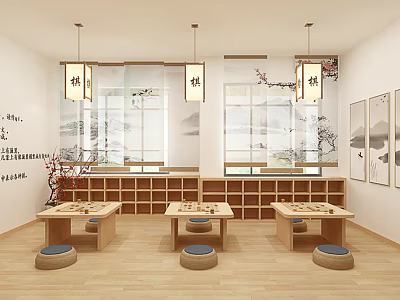 Traditional Hotel Mahjong Room Interior With Chinese Lanterns Wooden Tables And Ink Paintings 3d model