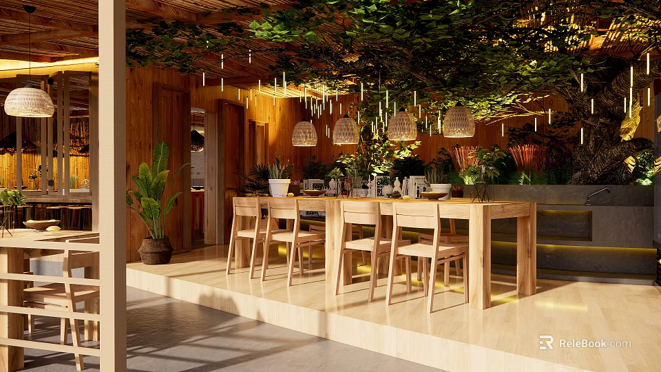 Natural Ambiance Wooden Dining Kitchen Interior With Green Plants Hanging Lights And Dining Table Chairs 3d model 