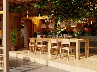 Natural Ambiance Wooden Dining Kitchen Interior With Green Plants Hanging Lights And Dining Table Chairs 3d model