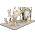 Fashion Retail Display With Mannequins Handbags Plant Decor And Wooden Stands