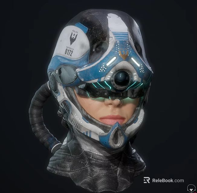 Futuristic Blue And White Helmet With Glowing Green Accents And Circular Lens 3d model 