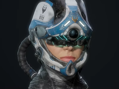 Futuristic Blue And White Helmet With Glowing Green Accents And Circular Lens 3d model