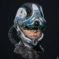 Futuristic Blue And White Helmet With Glowing Green Accents And Circular Lens