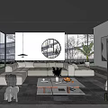 Modern Living Room Interior With Round Mirror Large Windows Light Colored Sofa And Plants