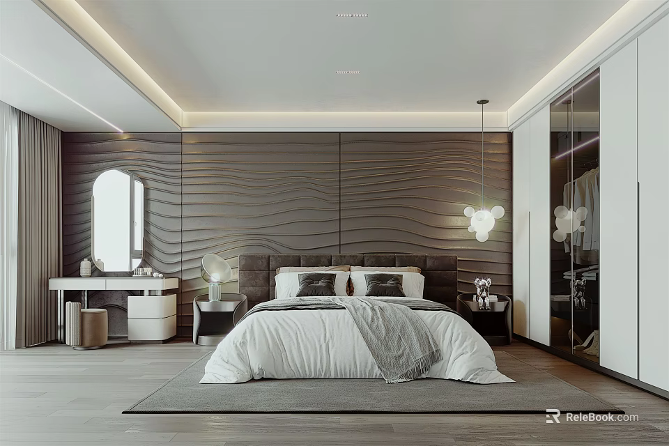Modern Minimalist Bedroom Interior Design With Wave Patterned Wall Bed Dressing Table And Pendant Light 3d model 
