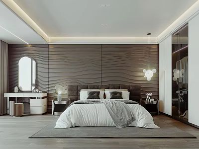 Modern Minimalist Bedroom Interior Design With Wave Patterned Wall Bed Dressing Table And Pendant Light 3d model