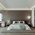 Modern Minimalist Bedroom Interior Design With Wave Patterned Wall Bed Dressing Table And Pendant Light