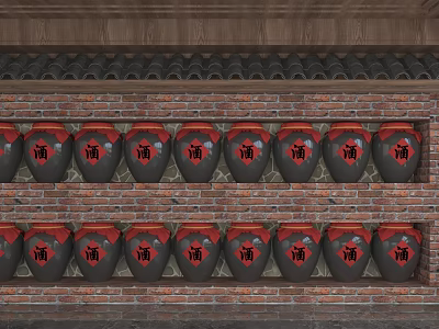 Traditional Brick Wall Decorated With Black Wine Jars And Red Chinese Character Jiu 3d model