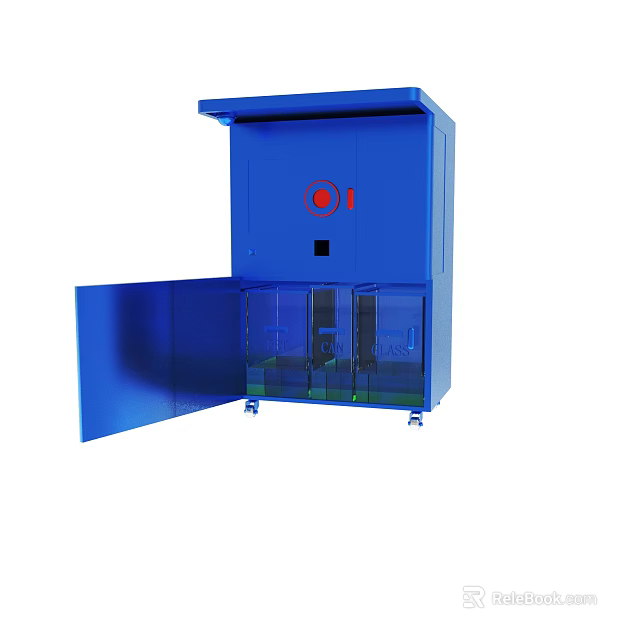 Blue Mobile Storage Cabinet With Open Door Transparent Section Red Circular Sign And Black Square 3d model 