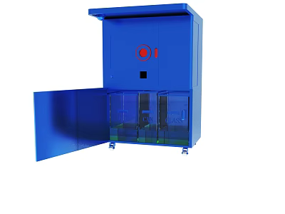 Blue Mobile Storage Cabinet With Open Door Transparent Section Red Circular Sign And Black Square 3d model
