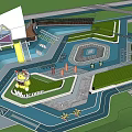 Charming Garden Ornaments Featuring Blue Pathways Yellow Sculpture Green Plants Seating And Water Features