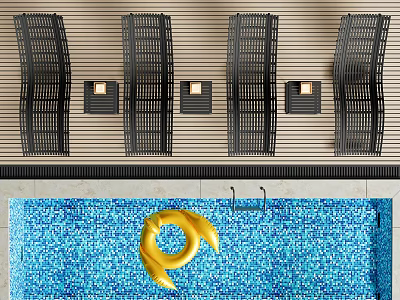 Black Metal Lounge Chairs Arranged By Blue Tile Swimming Pool With Side Lights 3d model