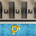 Black Metal Lounge Chairs Arranged By Blue Tile Swimming Pool With Side Lights