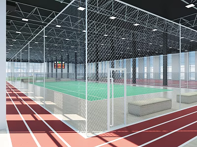 Indoor Sports Fitness Center Featuring Green Court Red Running Track White Netting And Scoreboard 3d model