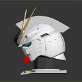 White And Gold Mecha Character Head With Green Red Accents And Detailed Armor
