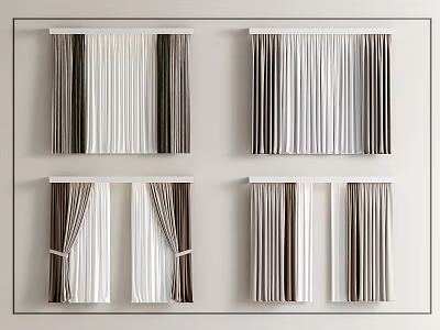 Brown And White Striped Curtains With Multiple Designs And Tied Window Treatments 3d model