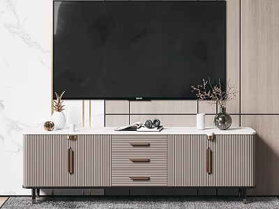 Modern TV Stand With Vertical Stripe Design Golden Handles Decorative Items And Large TV Above 3d model
