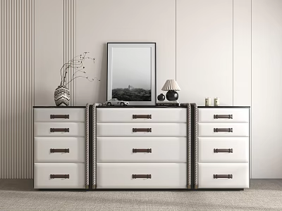 Modern Elegant White Dresser with Black Trim Drawers and Decorative Vase Table Lamp Ornaments 3d model