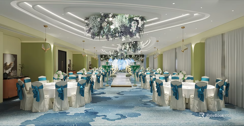 Elegant Banquet Hall With White Tables Blue Ribbons Flower Chandeliers And Green Decor 3d model 
