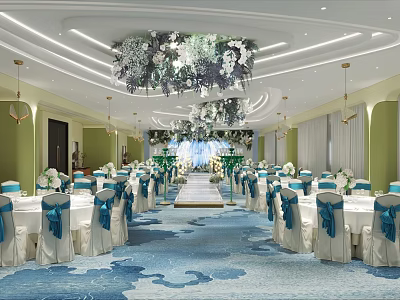 Elegant Banquet Hall With White Tables Blue Ribbons Flower Chandeliers And Green Decor 3d model