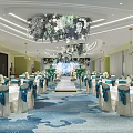 Elegant Banquet Hall With White Tables Blue Ribbons Flower Chandeliers And Green Decor