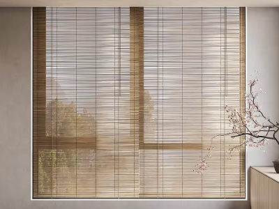 Natural Bamboo Blinds Covering Window With Indoor Decorative Branch And Green Outdoor View 3d model