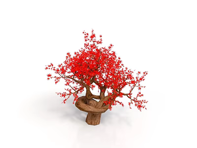 Bonsai Tree With Red Flowers And Brown Trunk Multiple Branches On White Background 3d model