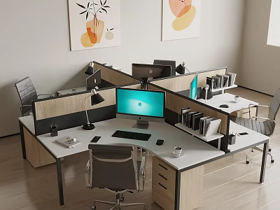 Modern Office Workspace With Partitioned Desks Computer Monitors Desk Lamps Files And Wall Art Paintings 3d model