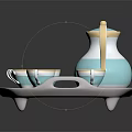 Elegant Blue And White Tea Set With Teapot Teacups Saucers Gold Accents On Gray Tray