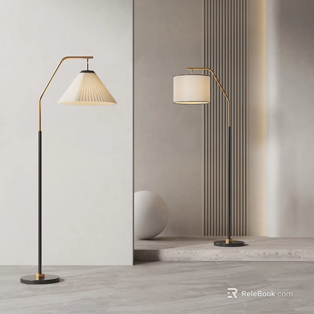 Modern Floor Lamps With Black Gold Stand And White Shades In Minimalist Home Decor 3d model 