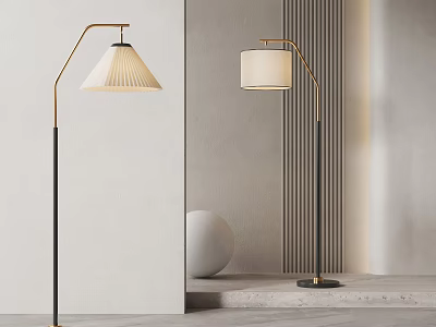 Modern Floor Lamps With Black Gold Stand And White Shades In Minimalist Home Decor 3d model