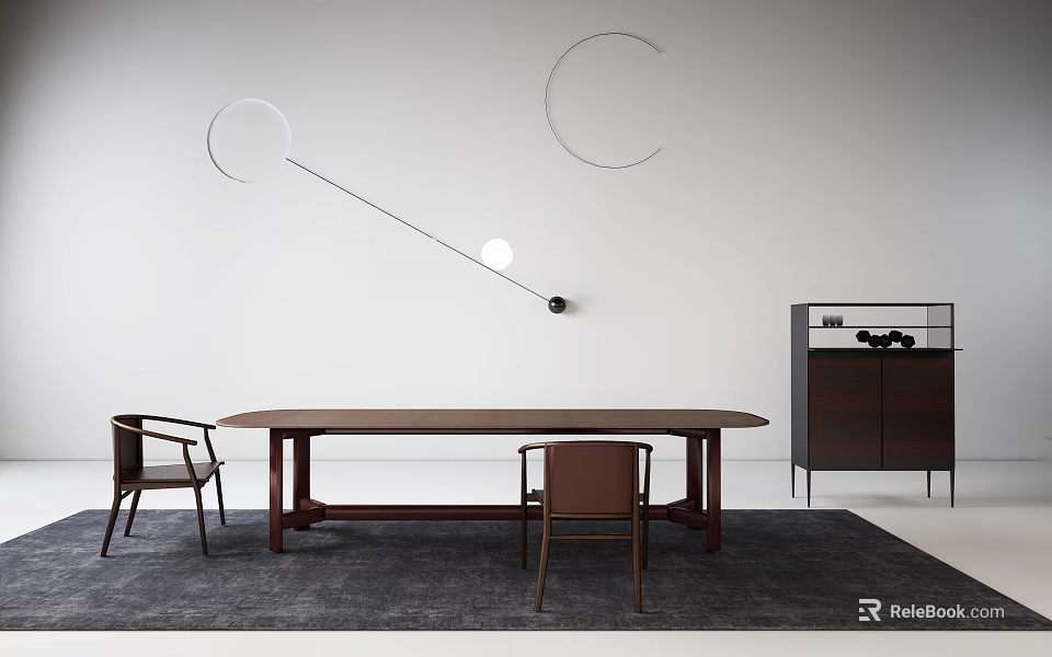 Modern Dining Table Set With Minimalist Chairs Wooden Top Area Rug Wall Decor And Cabinet 3d model 