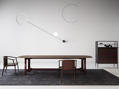 Modern Dining Table Set With Minimalist Chairs Wooden Top Area Rug Wall Decor And Cabinet 3d model
