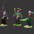 Three Blonde Haired Anime Character Figurines In Black Outfits Holding Swords On Bases