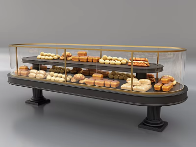 Curved Glass Display Cabinet with Multiple Shelves Holding Assorted Breads and Pastries 3d model
