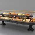 Curved Glass Display Cabinet with Multiple Shelves Holding Assorted Breads and Pastries