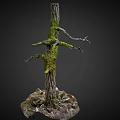 Natural Tree Trunk Covered With Green Moss And Small Branches With Fallen Leaves Base